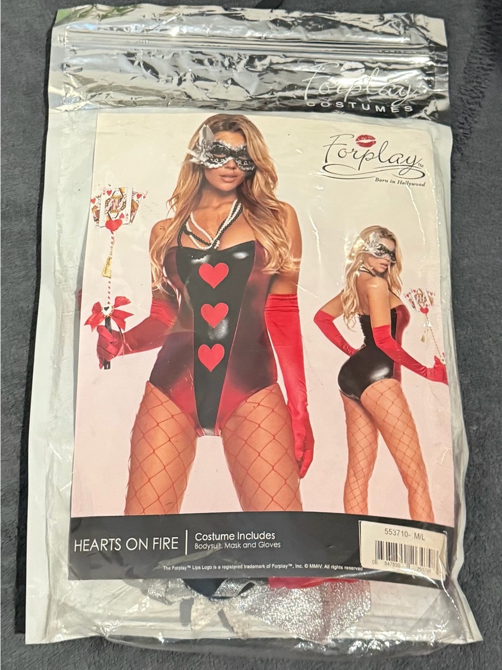 Forplay Hearts on Fire Red & Black Bodysuit Costume with Gloves and Mask